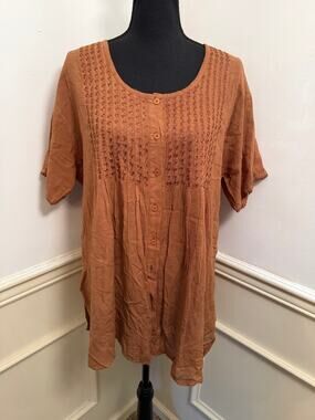 Vintage Advance Terracotta Cotton Embroidered Button Tunic Top Boho Lagenlook